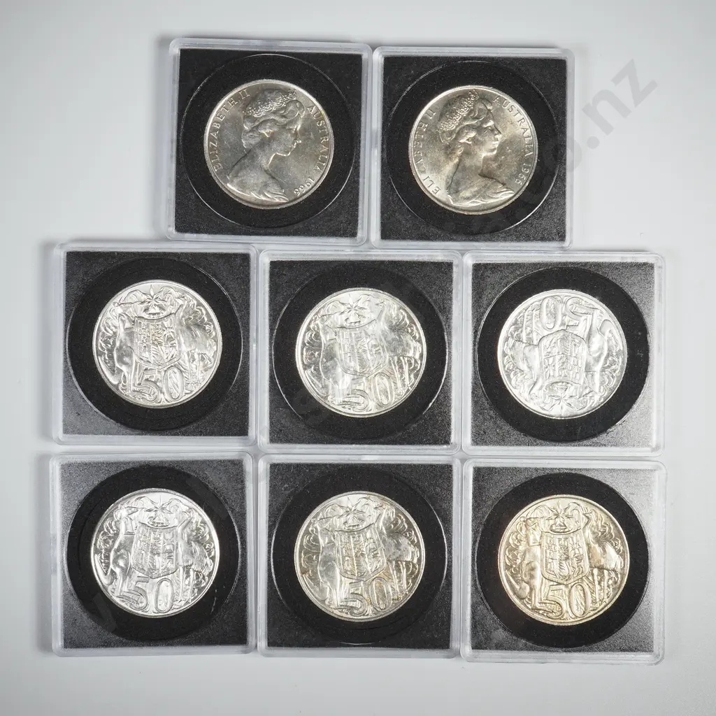 Eight Australian 1966 Fifty Cent coins - All 80% Silver - All Cleaned  Image 1++