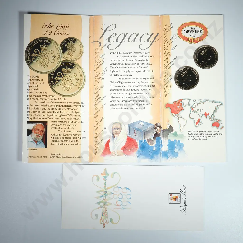 1989 Claim Of Right And Bill Of Rights Two Pound Brilliant Uncirculated 2 Coin Set In Folder Image 1++