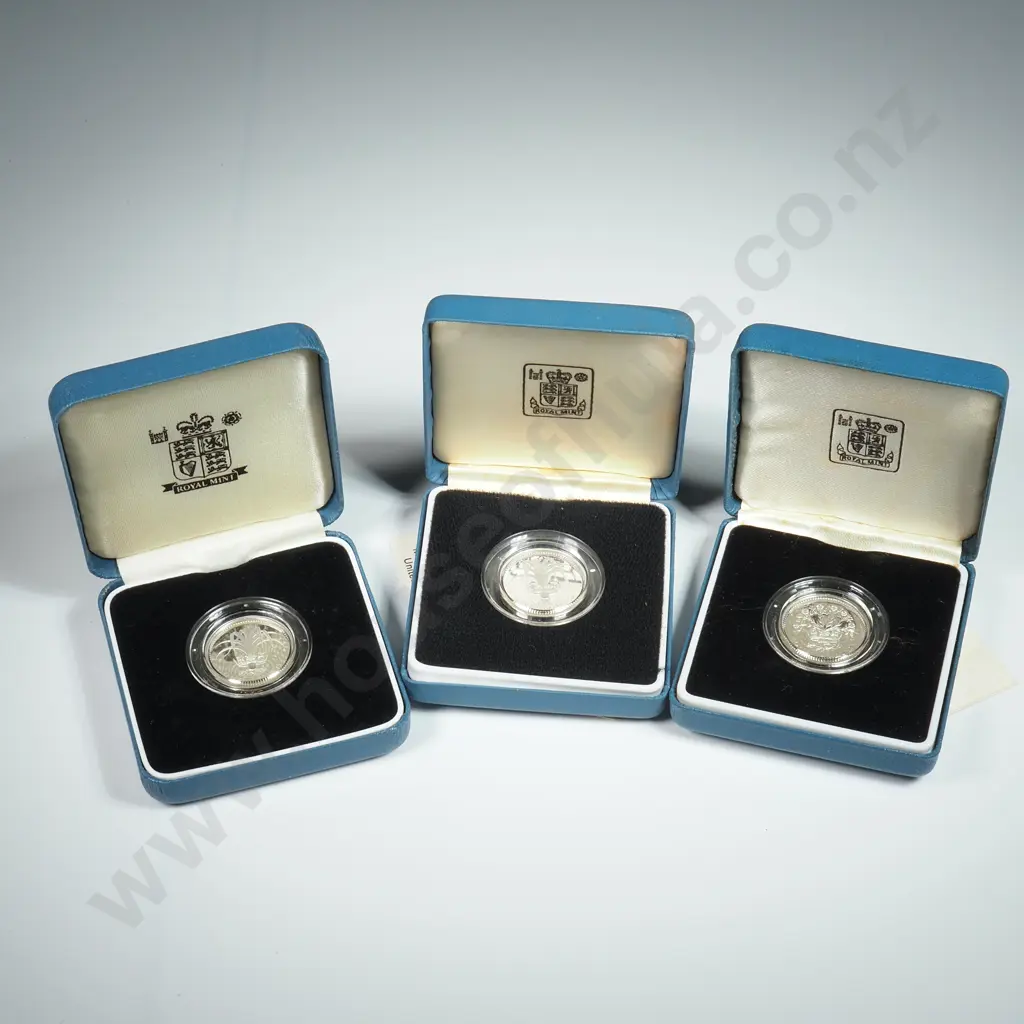 3 x United Kingdom Proof Silver One Pound Coins, 1985 Piedfort, 1986, 1990 Image 1++