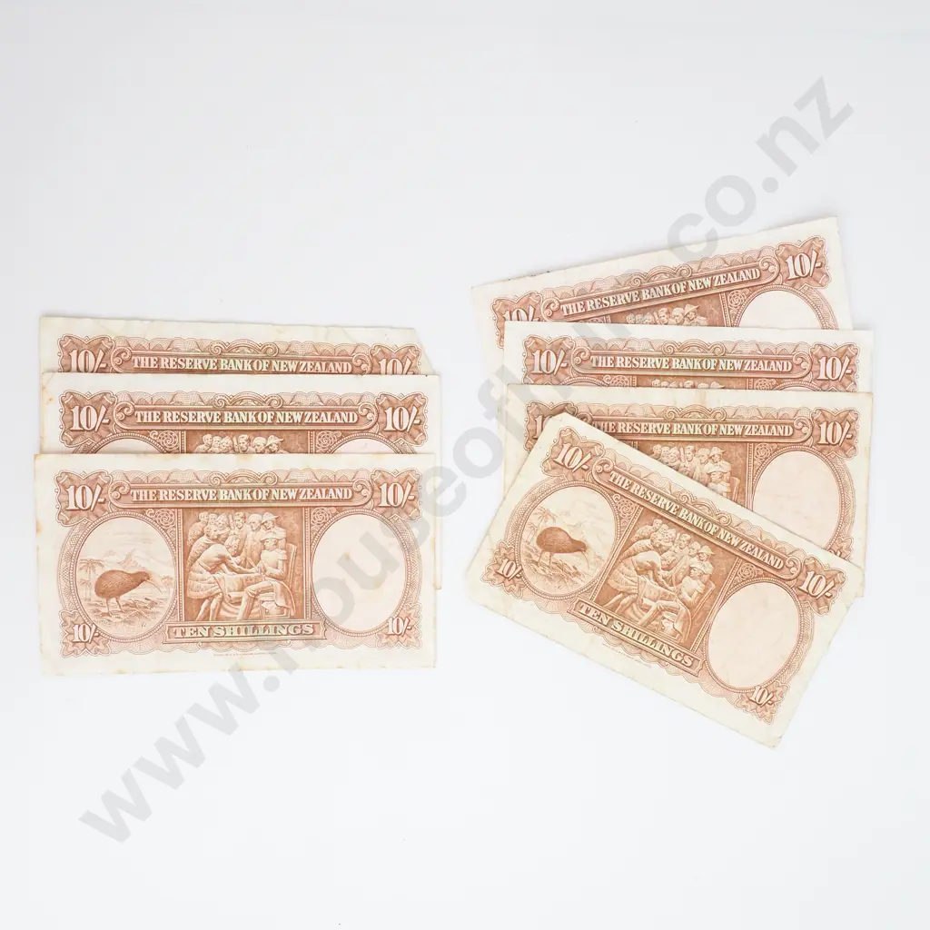 Seven NZ Ten Shilling Fleming Banknotes - Circulated  Image 1++