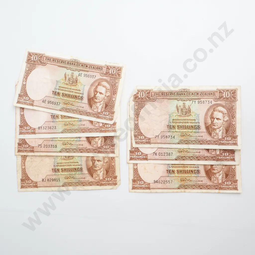 Seven NZ Ten Shilling Fleming Banknotes - Circulated  Image 1++