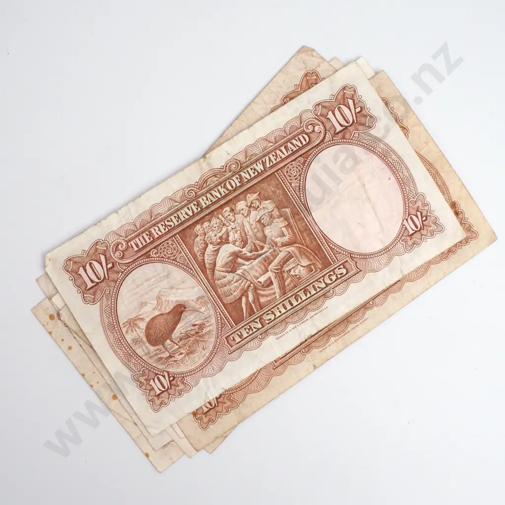 Seven NZ Ten Shilling Fleming Banknotes - Circulated  Image 1++