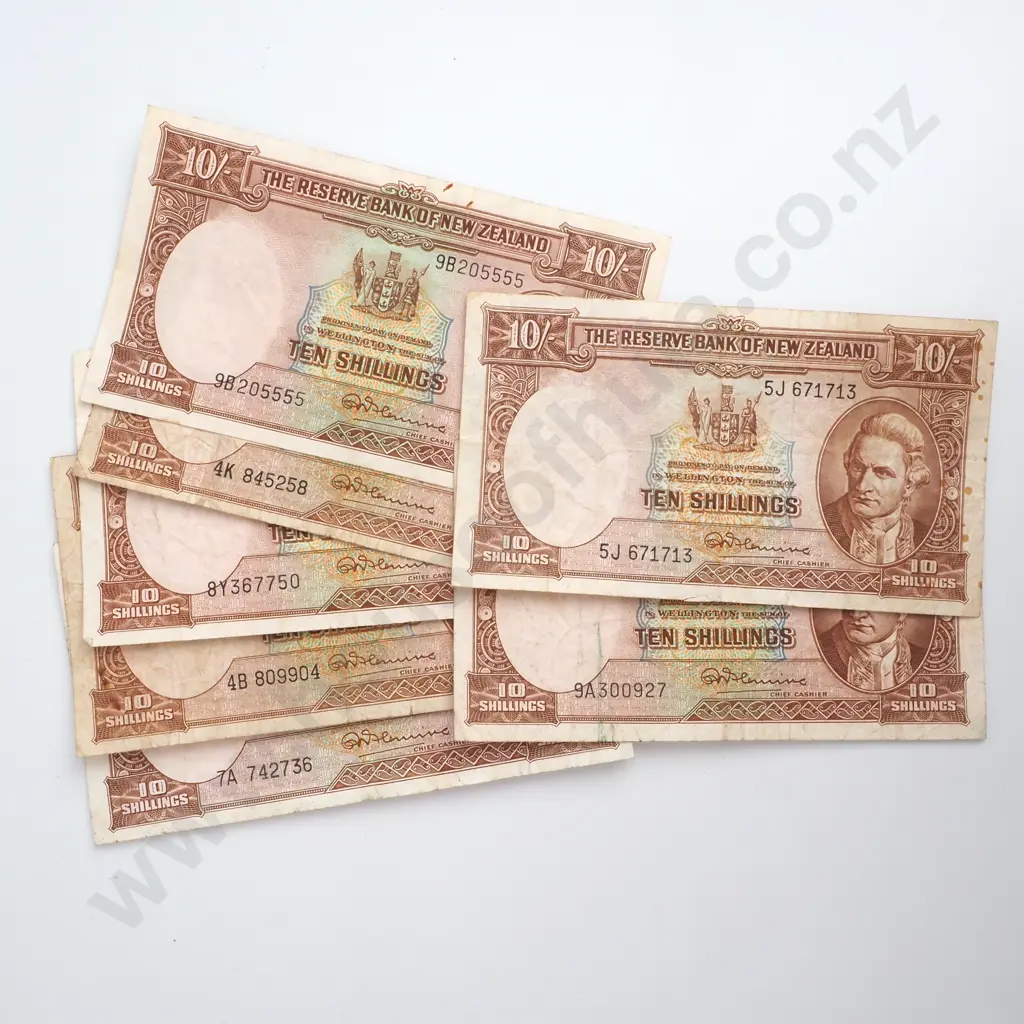 Seven NZ Ten Shilling Fleming Banknotes - Circulated  Image 1++