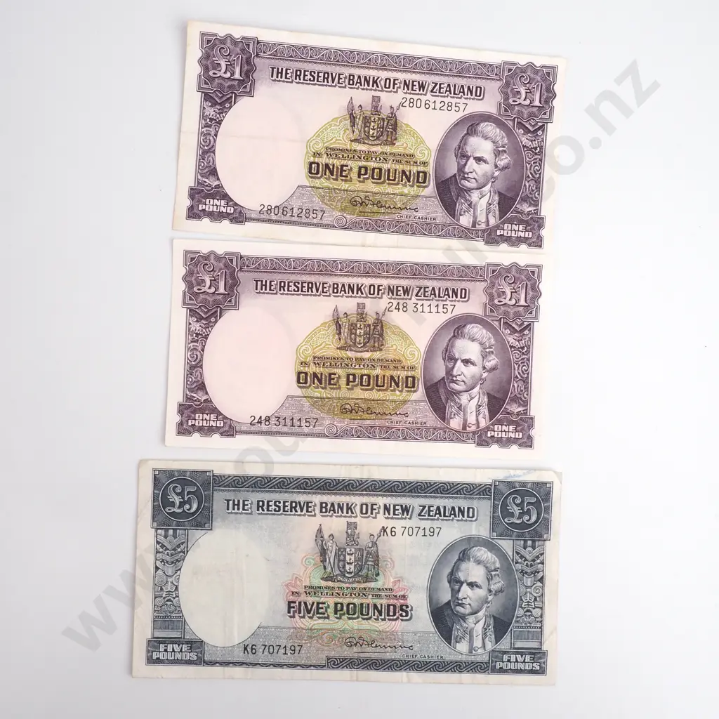 Two NZ One Pound Banknotes & One Five Pound Banknote Image 1++