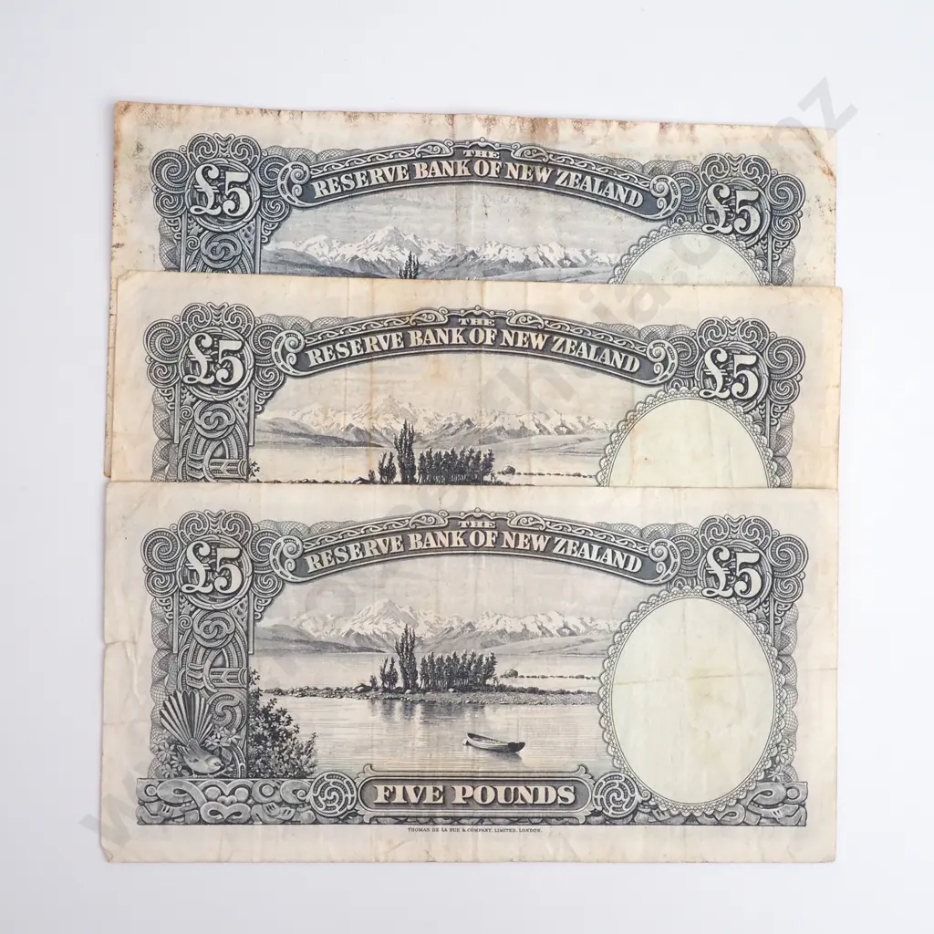 Three NZ Five Pound Fleming Banknotes - Circulated  Image 1++