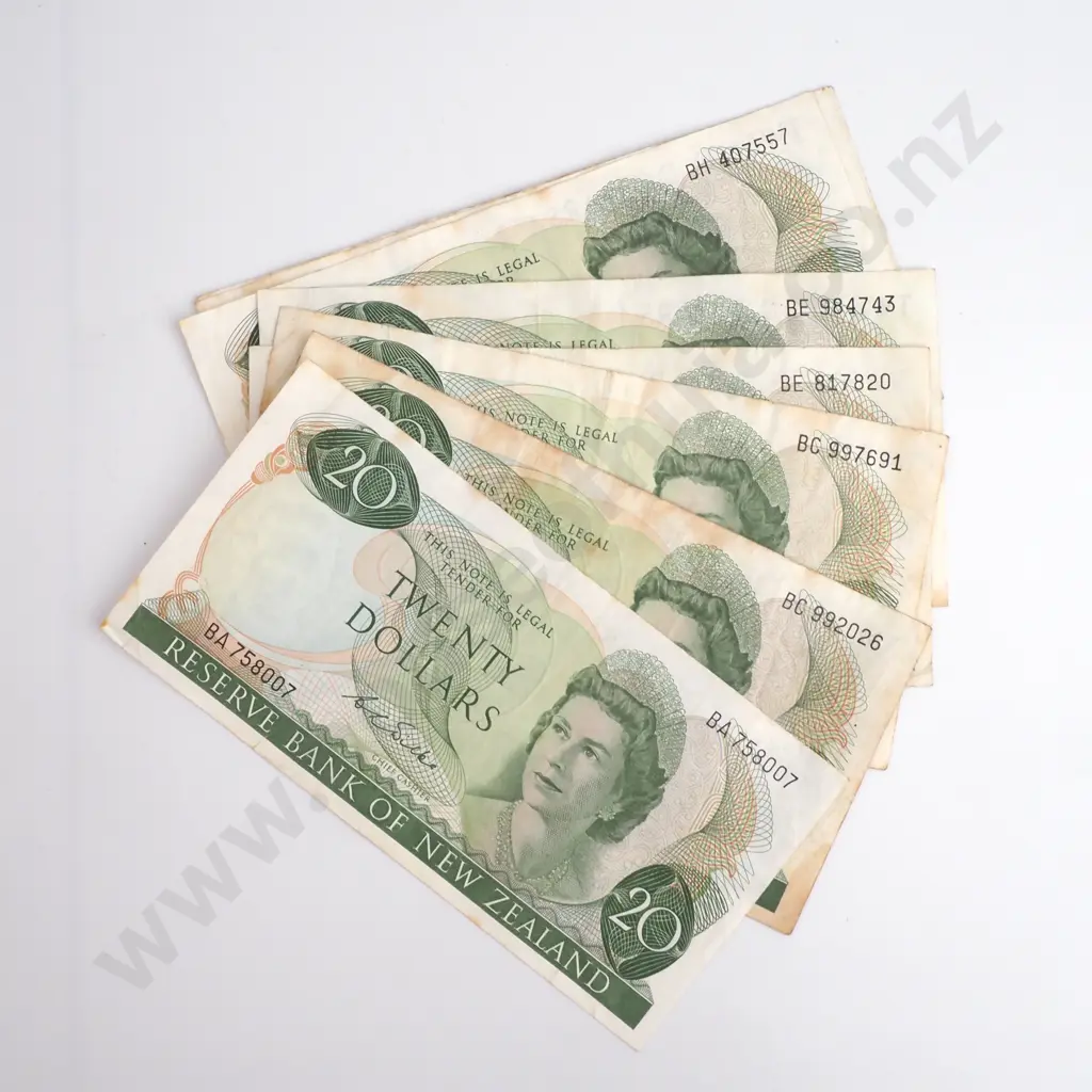 NZ 8 x Twenty Dollars, Wilks Signature, Prefixes BA, BC x 2, BE x 2, BH, BJ x 2 Image 1++