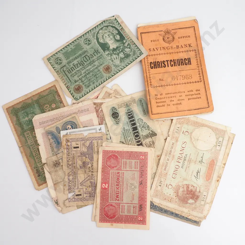 Assorted World Banknotes & Christchurch Savings Bank Booklet Image 1++
