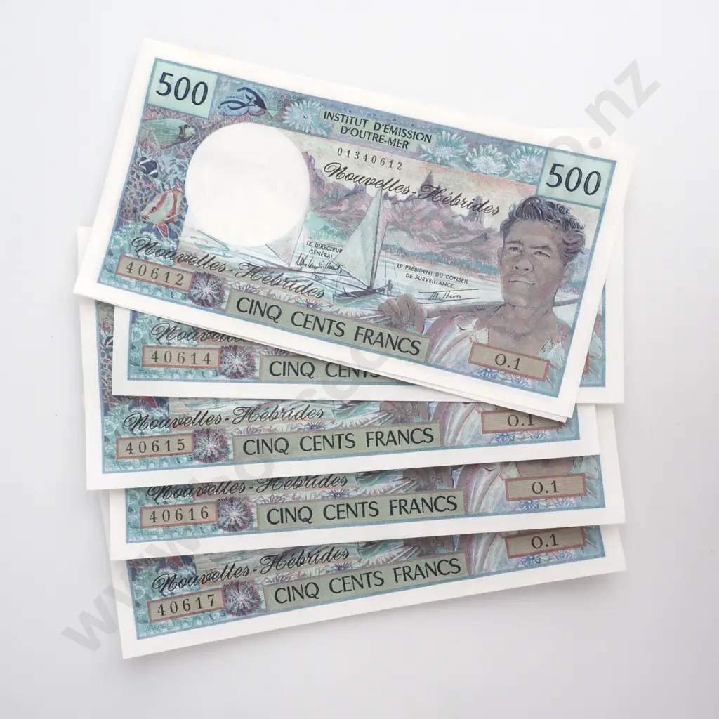 Six New Hebrides 500 Francs Uncirculated Banknotes: Total CV $810 USD Image 1++