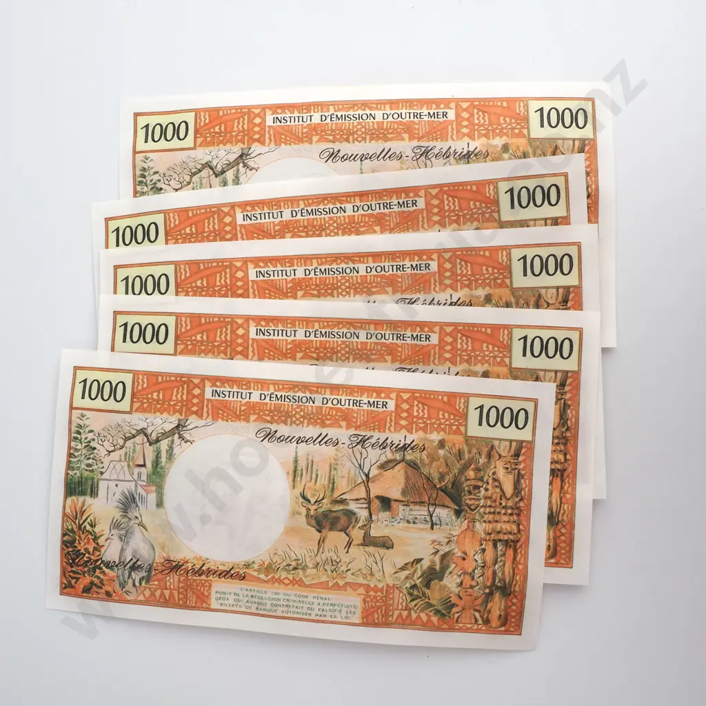 5 Consecutive New Hebrides 1000 Francs - Paper Rippled as Issued - CV $925 USD Image 1++