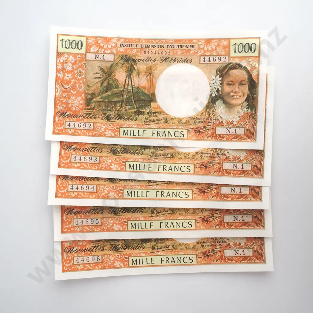 5 Consecutive New Hebrides 1000 Francs - Paper Rippled as Issued - CV $925 USD Image 1++
