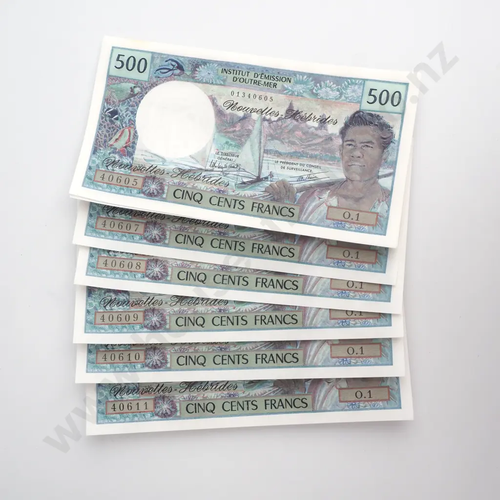 Seven New Hebrides 500 Francs Uncirculated Banknotes: Total CV $945 USD Image 1++