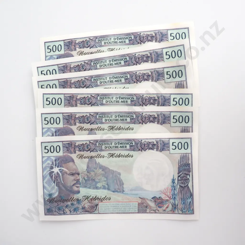 Seven New Hebrides 500 Francs Uncirculated Banknotes: Total CV $945 USD Image 1++