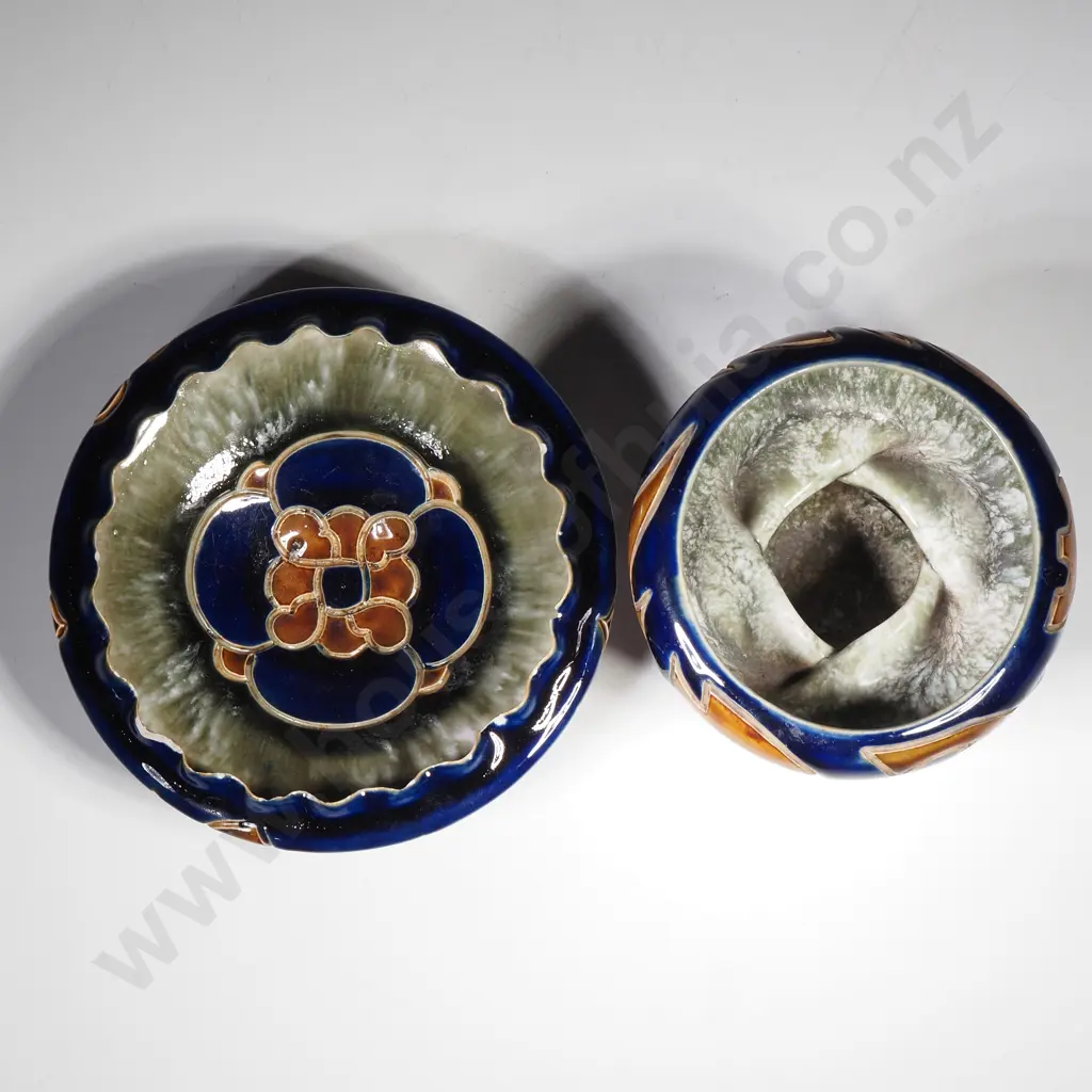 Small Doulton Lambeth Stoneware Vase by Mark V Marshall of Compressed Ovoid Shape & Majolica Tones on a Cobalt Ground Image 1++