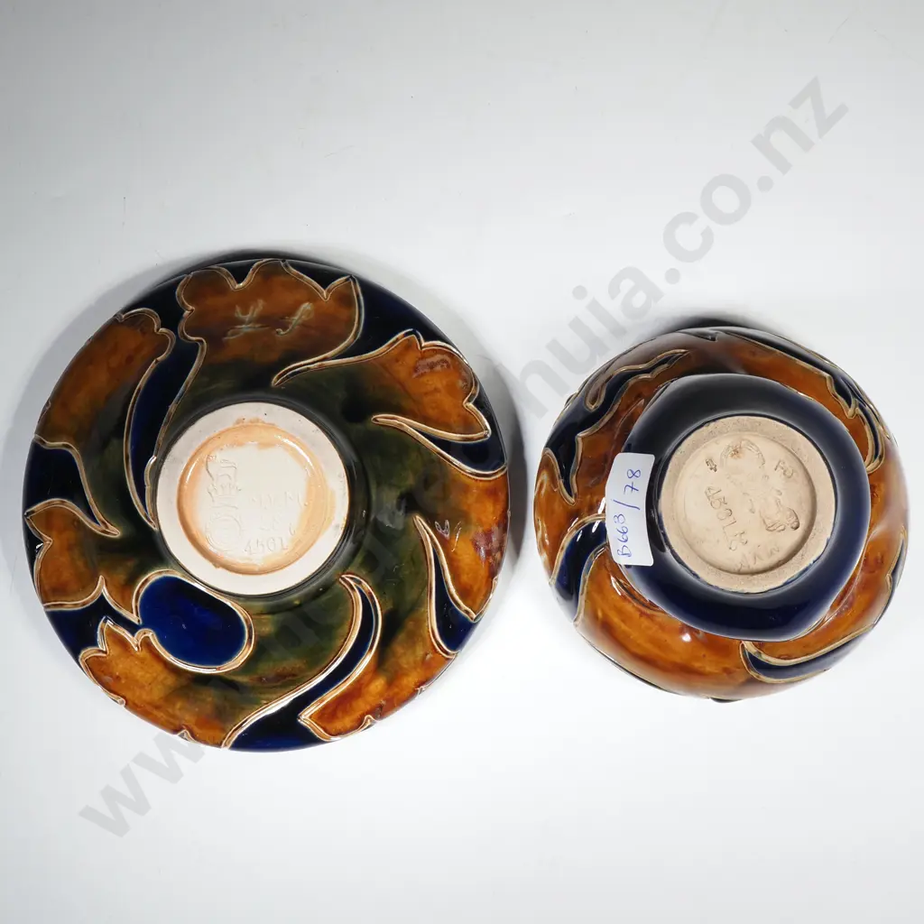 Small Doulton Lambeth Stoneware Vase by Mark V Marshall of Compressed Ovoid Shape & Majolica Tones on a Cobalt Ground Image 1++