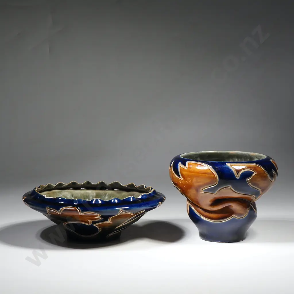 Small Doulton Lambeth Stoneware Vase by Mark V Marshall of Compressed Ovoid Shape & Majolica Tones on a Cobalt Ground Image 1++