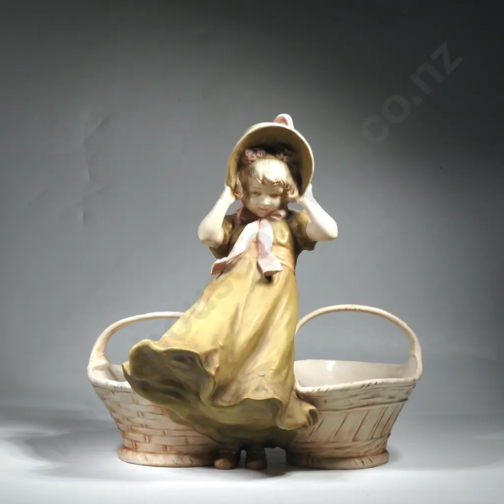 Czechoslavakian Royal Dux Figure of a Young Girl Flanked by Two Baskets  named 'Girl w Twin Baskets' Image 1++
