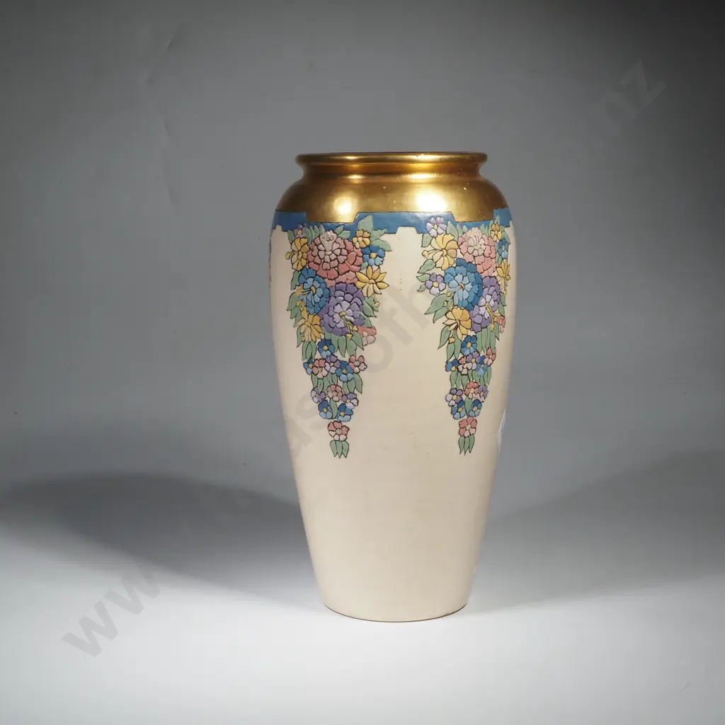 Tapered Arts & Crafts Style Hand Painted Crackle Glaze Vase w Geometric Floral Decoration Image 1++