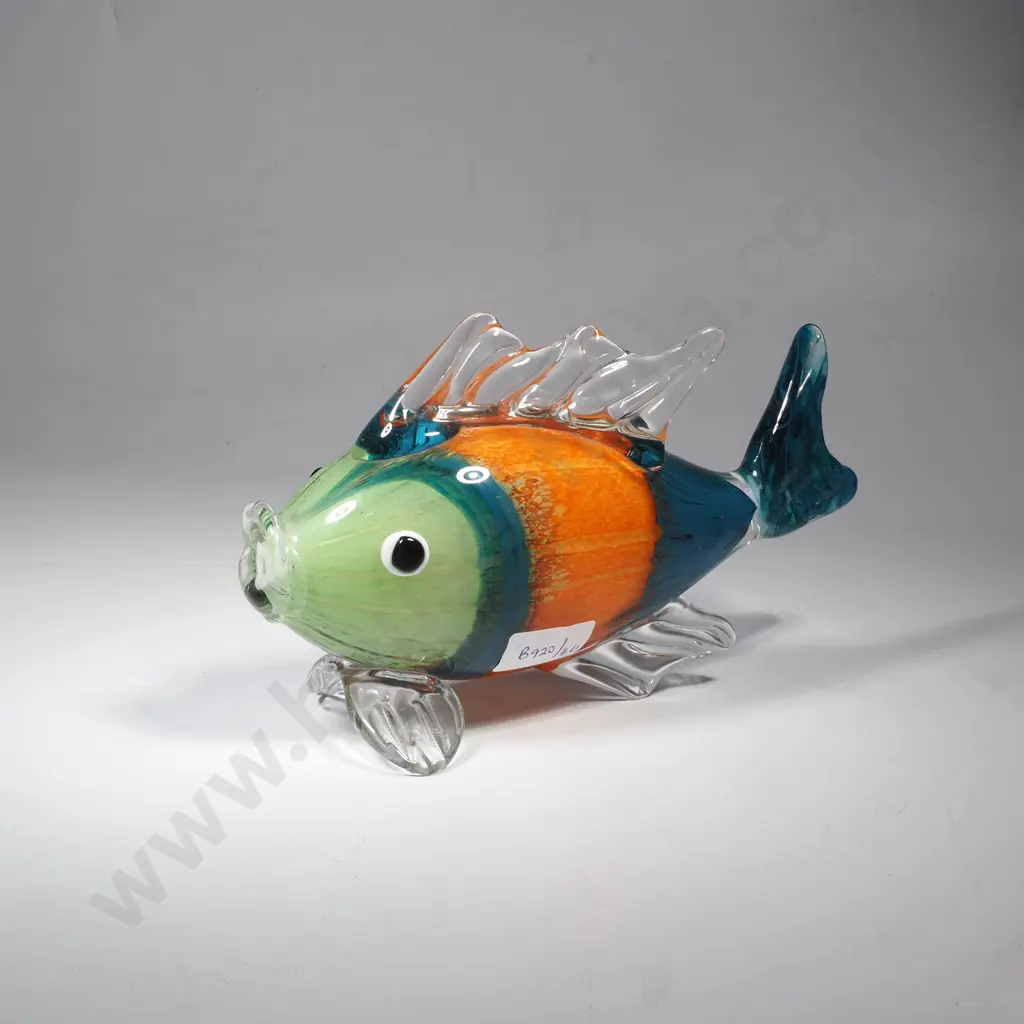 Vintage Mid Century or Murano Style Handcrafted Tropical Fish Figurine w Green, Orange & Blue Colours & Clear Glass Fins Image 1++