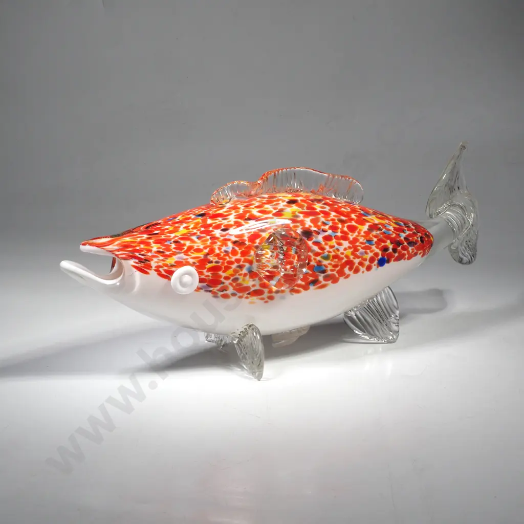 Vintage Hand Blown Glass Tropical Fish w Colourful Confetti or Harlequin Style Pattern on a White Body w Clear Fins Image 1++