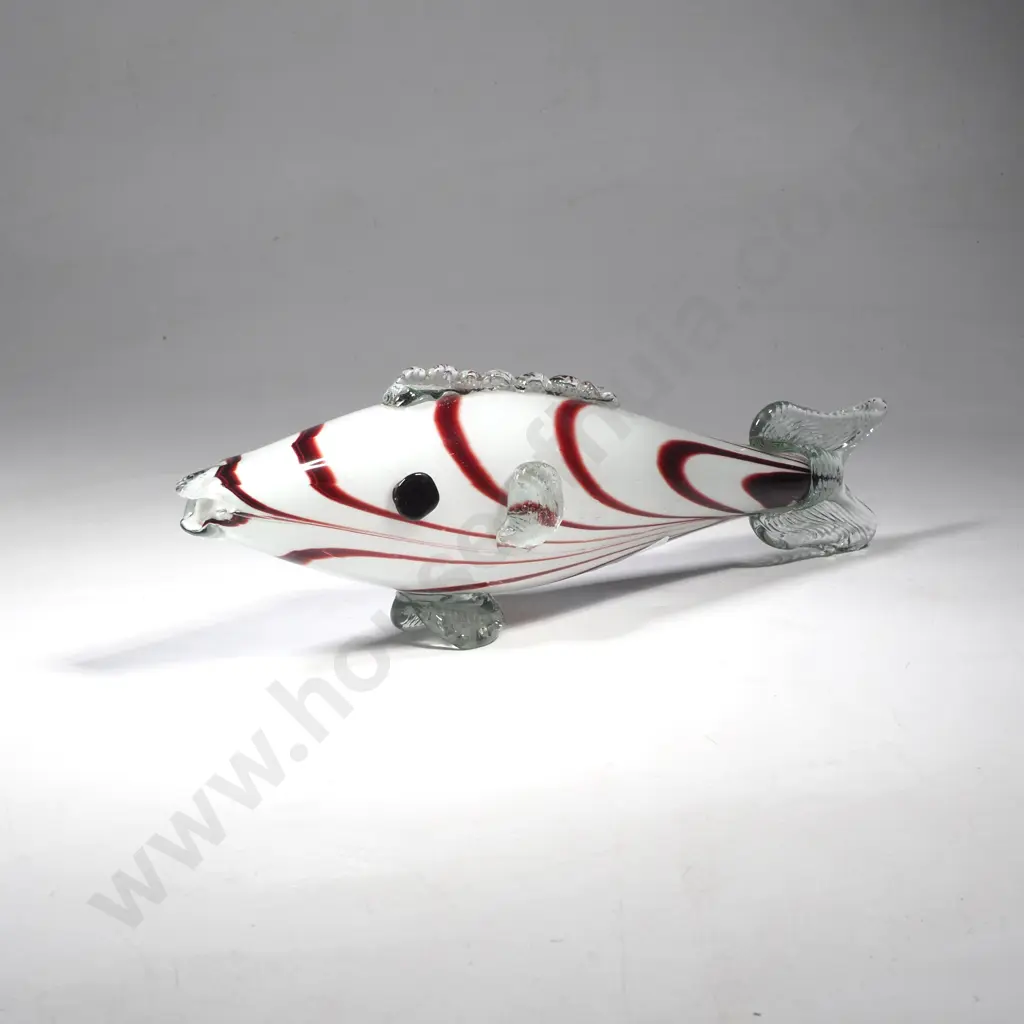 Vintage Mid Century Art Glass Fish w White Body & Red or Dark Maroon Swirl Stripes & Clear Glass Fins Image 1++