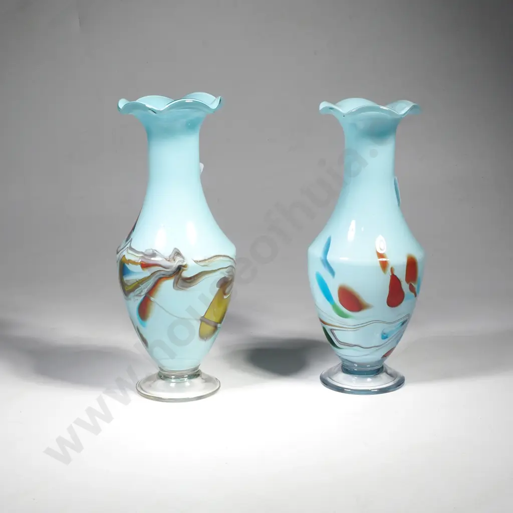 Pair of Vintage Blue Opaline Glass Vases w a Ruffled, Crimped Edge & Marble Swirl Image 1++