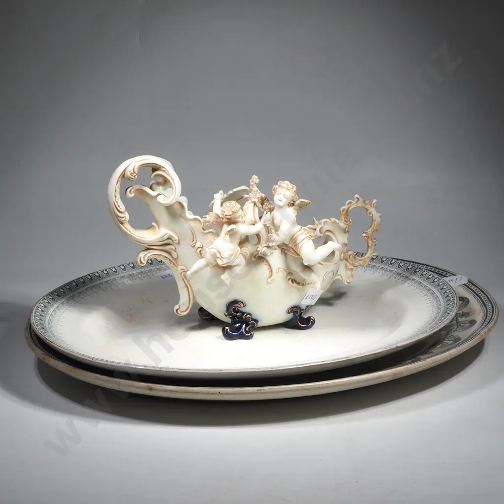 E & A Muller Figural Centrepiece Bowl Decorated w Scrollwork & Putti & Two Blue & White Ashets (One Royal Doulton) Image 1++