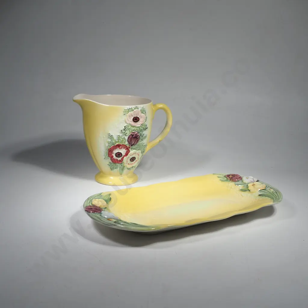 Beswick Yellow Footed Custard or Milk Jug w Floral Anemone & a Beswick Yellow Sandwich Tray w Spring Flowers in Relief Image 1++