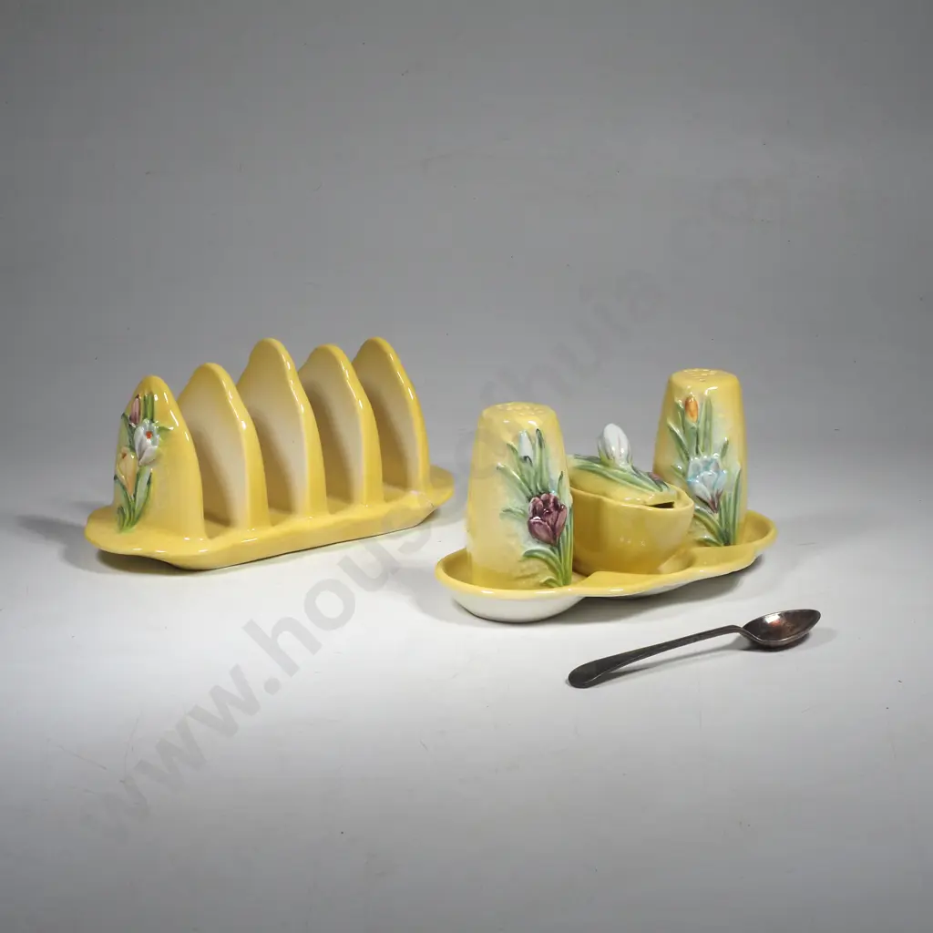 Beswick Yellow Toast Rack w Crocus Pattern & a Beswick Cruet set w Spoon in the Crocus Pattern Image 1++