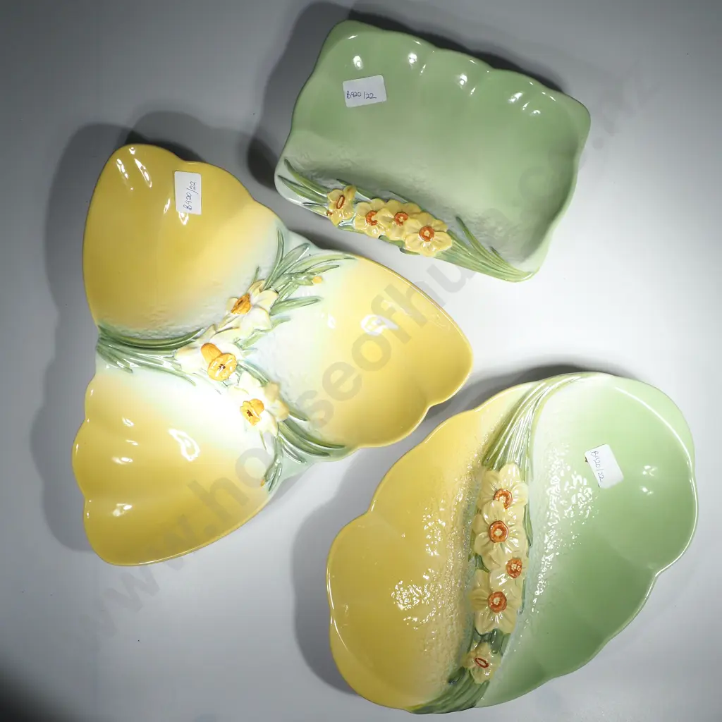 Three Beswick Serving Platters in the 'Springtime' Pattern, One w Three Segments & One w Two Segments in Green & Yellow Image 1++