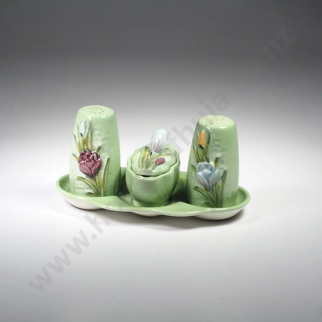 Vintage Beswick Condiment Jar & Cruet Set in the 'Wayside' Pattern w Floral Finial Image 1++