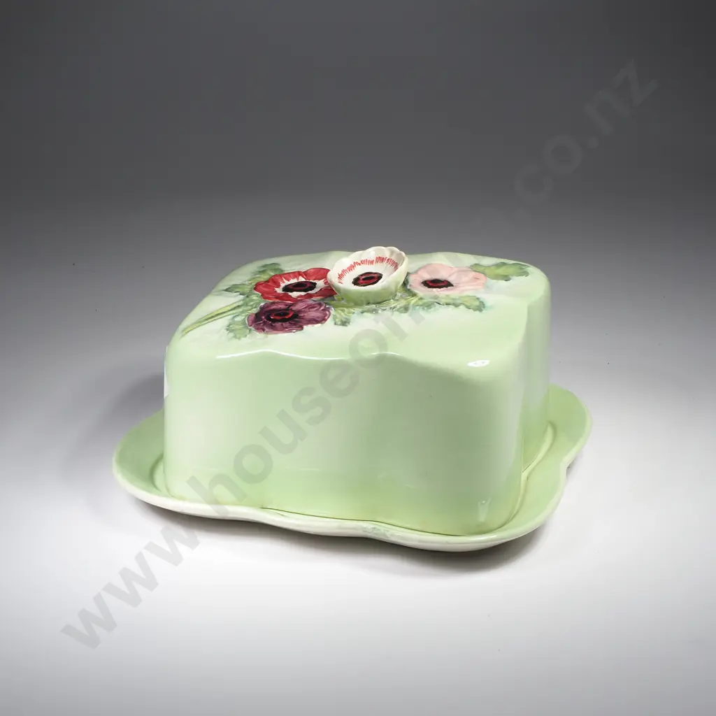 Vintage Beswick Butter Dish w Green Glaze & Hand Painted Anemones w Figural Anemone Handle Image 1++