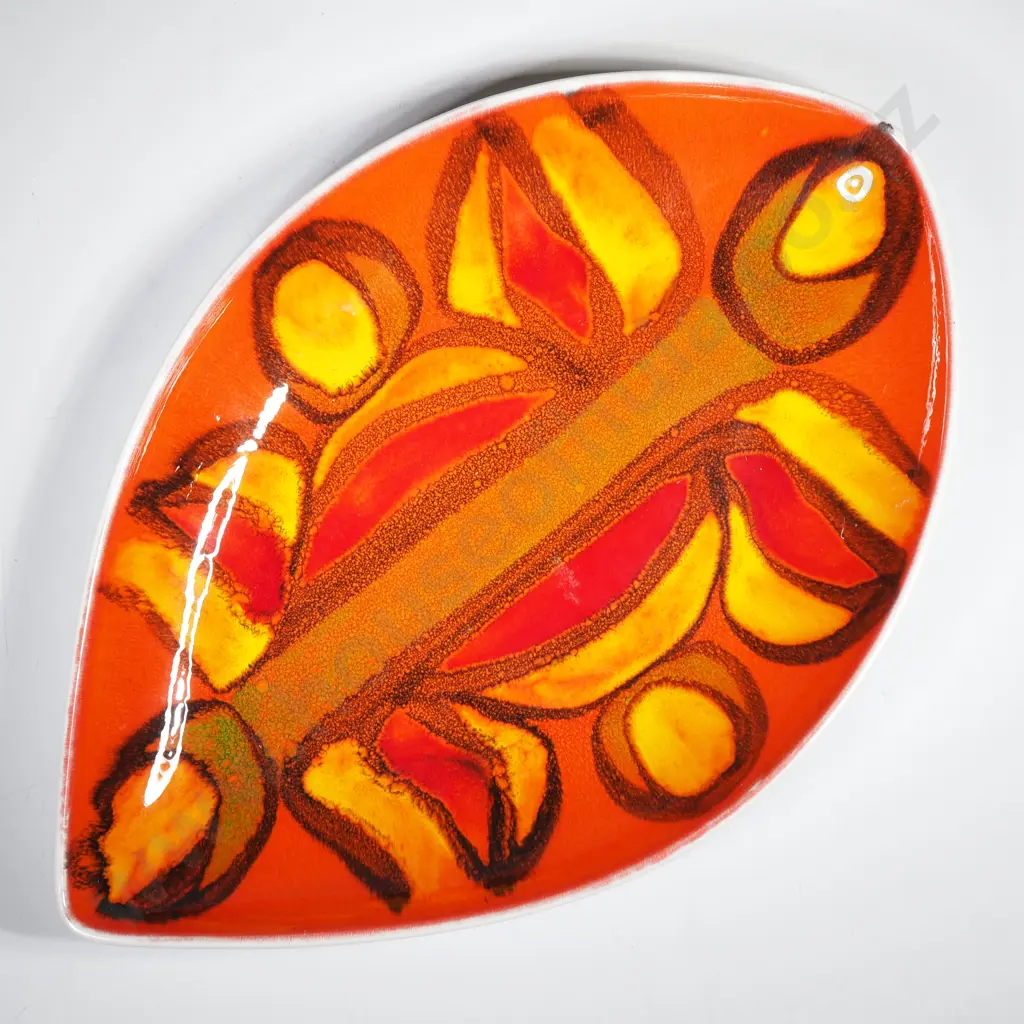 Poole Pottery Delphis Teardrop Shaped Dish w Abstract Design on Orange Ground, Shape 91 by Christine Tait Image 1++