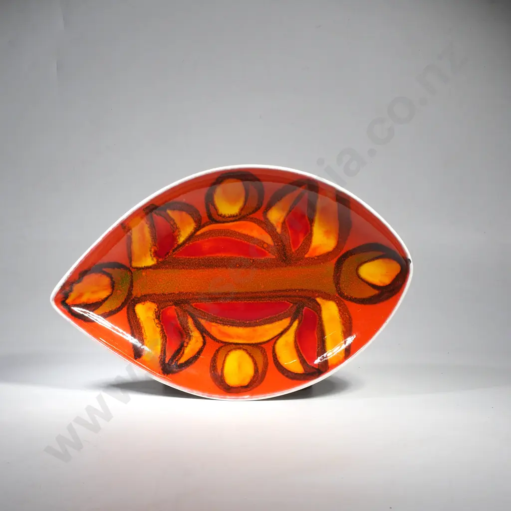 Poole Pottery Delphis Teardrop Shaped Dish w Abstract Design on Orange Ground, Shape 91 Image 1++