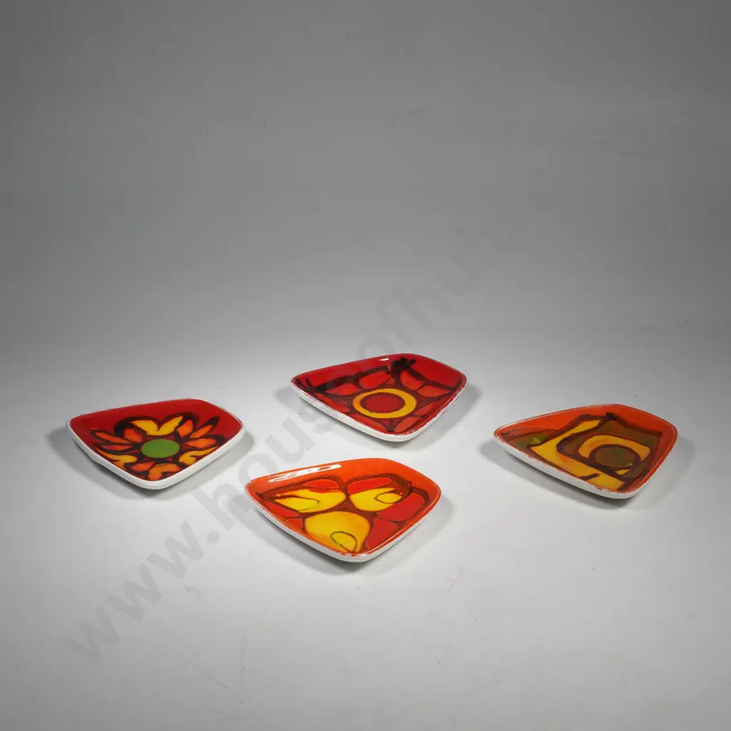 Four Vintage Poole Pottery Delphis Trapezoid Shape 81 Small Pin Dishes w Bold Hand Painted Abstract Designs on Orange Image 1++