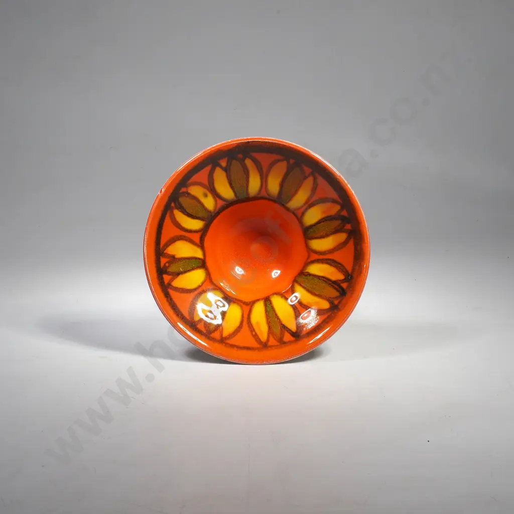 Poole Pottery Delphis Round Footed Dish w an Orange Centre & Yellow & Green Abstract Floral Ring by Rosemary Humby Image 1++