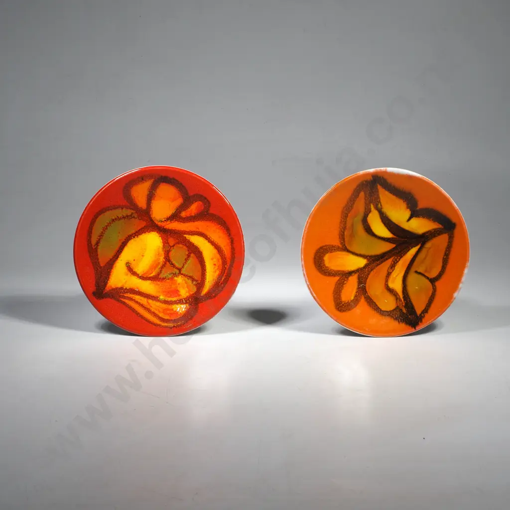 Two Vintage Poole Pottery Delphis Round Pin Dishes w Bold Hand Painted Abstract Designs on Orange Image 1++
