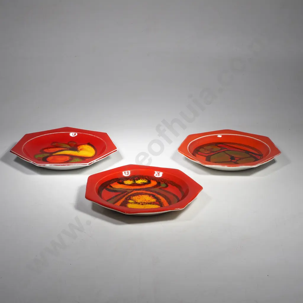 Three Vintage Heptagonal Small Poole Pottery Delphis Plates, Shape No 42 by Three Various Artists Image 1++