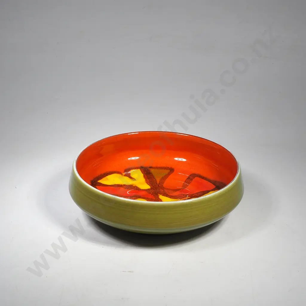 Poole Pottery Delphis Mid Century Bowl w Hand Painted Abstract Floral Pattern on an Orange Ground, Signed by Pamela Beva Image 1++