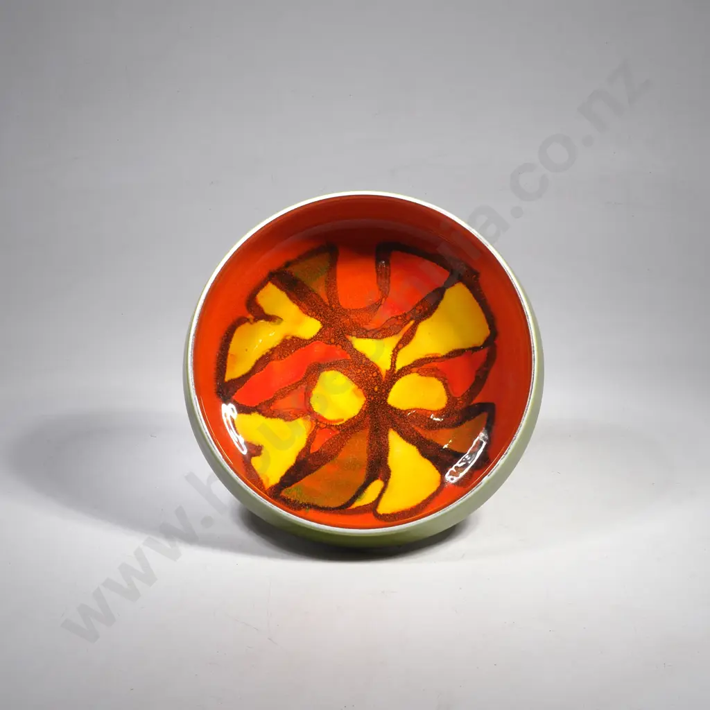 Poole Pottery Delphis Mid Century Bowl w Hand Painted Abstract Floral Pattern on an Orange Ground, Signed by Pamela Beva Image 1++