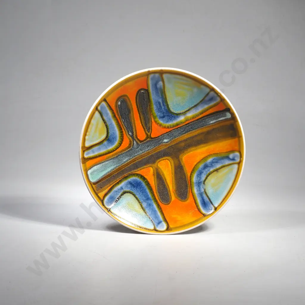 Unusual Poole Pottery No 3 Dish w Hand Painted Abstract Design in Orange, Blue & Grey/Green Glazes, Possibly Betty Gooby Image 1++