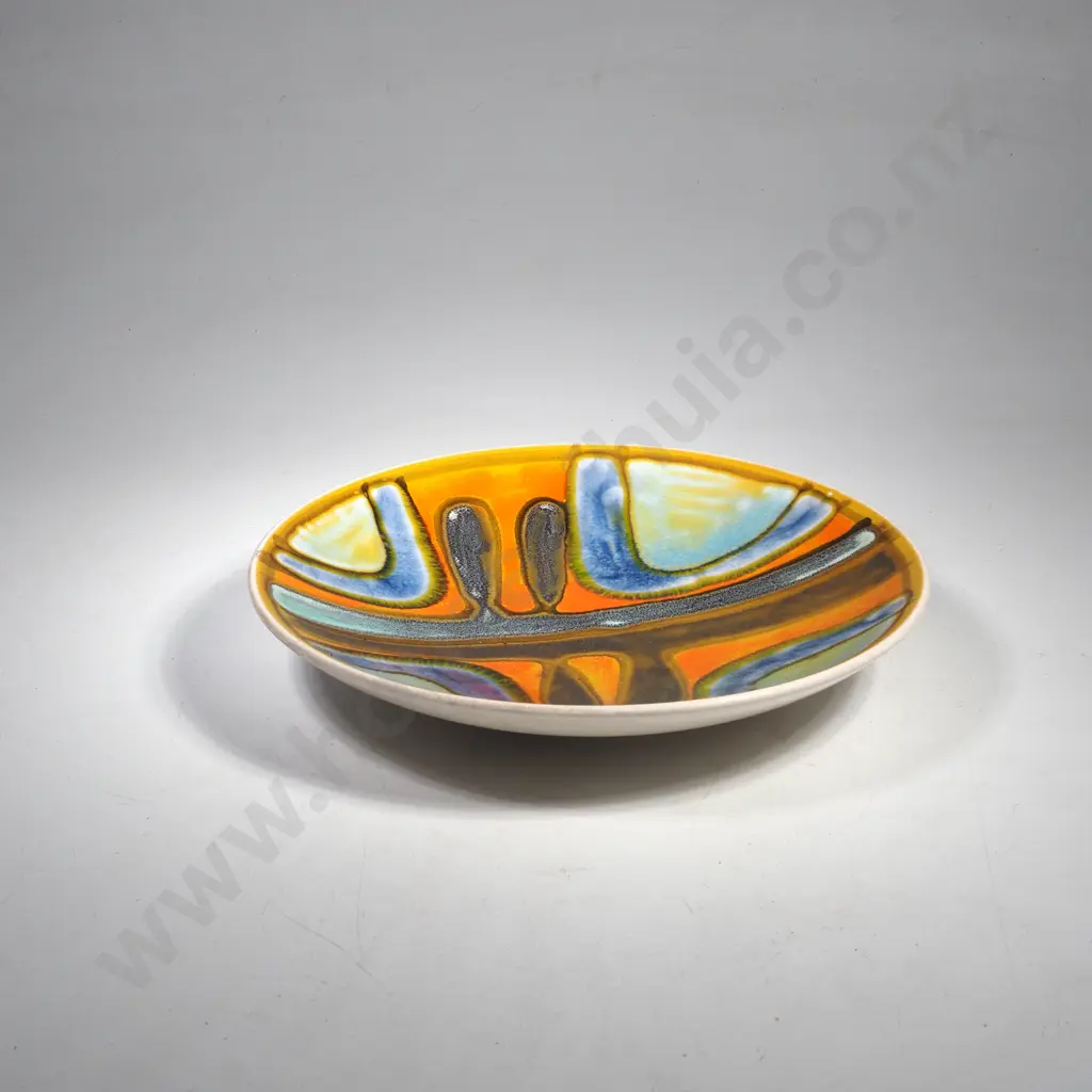 Unusual Poole Pottery No 3 Dish w Hand Painted Abstract Design in Orange, Blue & Grey/Green Glazes, Possibly Betty Gooby Image 1++