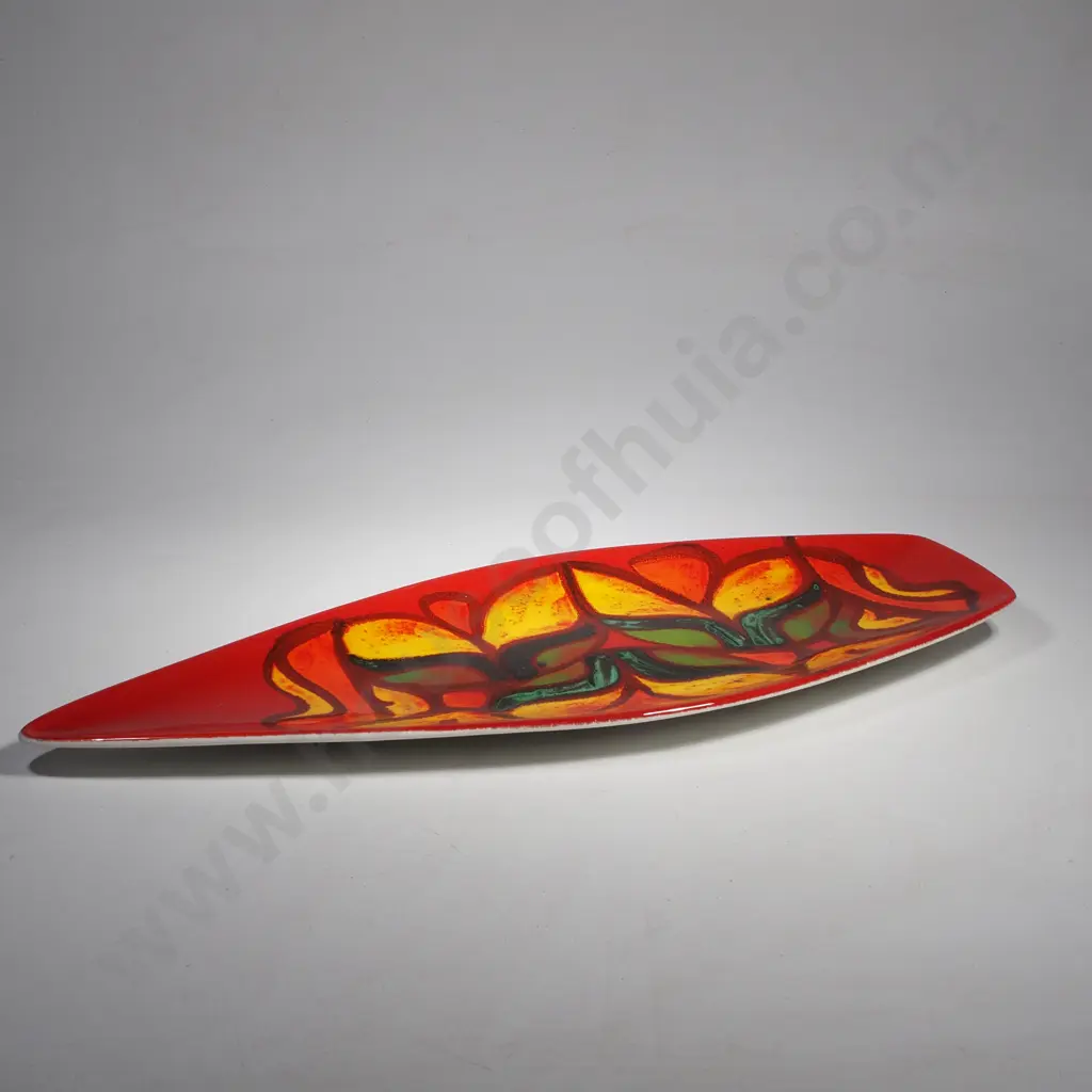 Poole Pottery Delphis Spearhead Dish, Shape 82 w Red, Green & Yellow Abstract Design on Orange Ground by Joanna Rolfe Image 1++