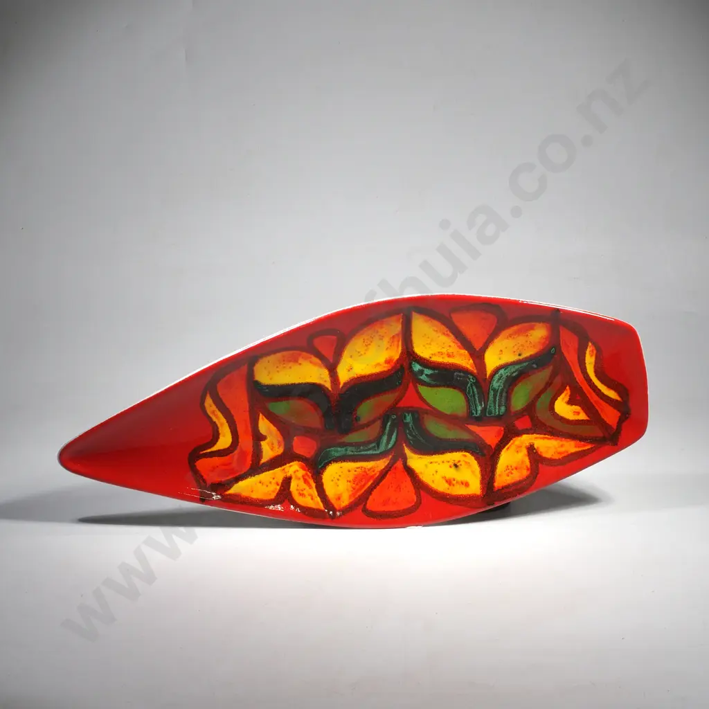 Poole Pottery Delphis Spearhead Dish, Shape 82 w Red, Green & Yellow Abstract Design on Orange Ground by Joanna Rolfe Image 1++