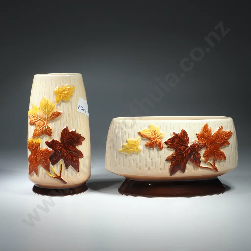 Vintage Sylvac Autumn Leaves/Maple Leaf Vase No 6010 Together w a Trough Vase No 4008 Image 1++