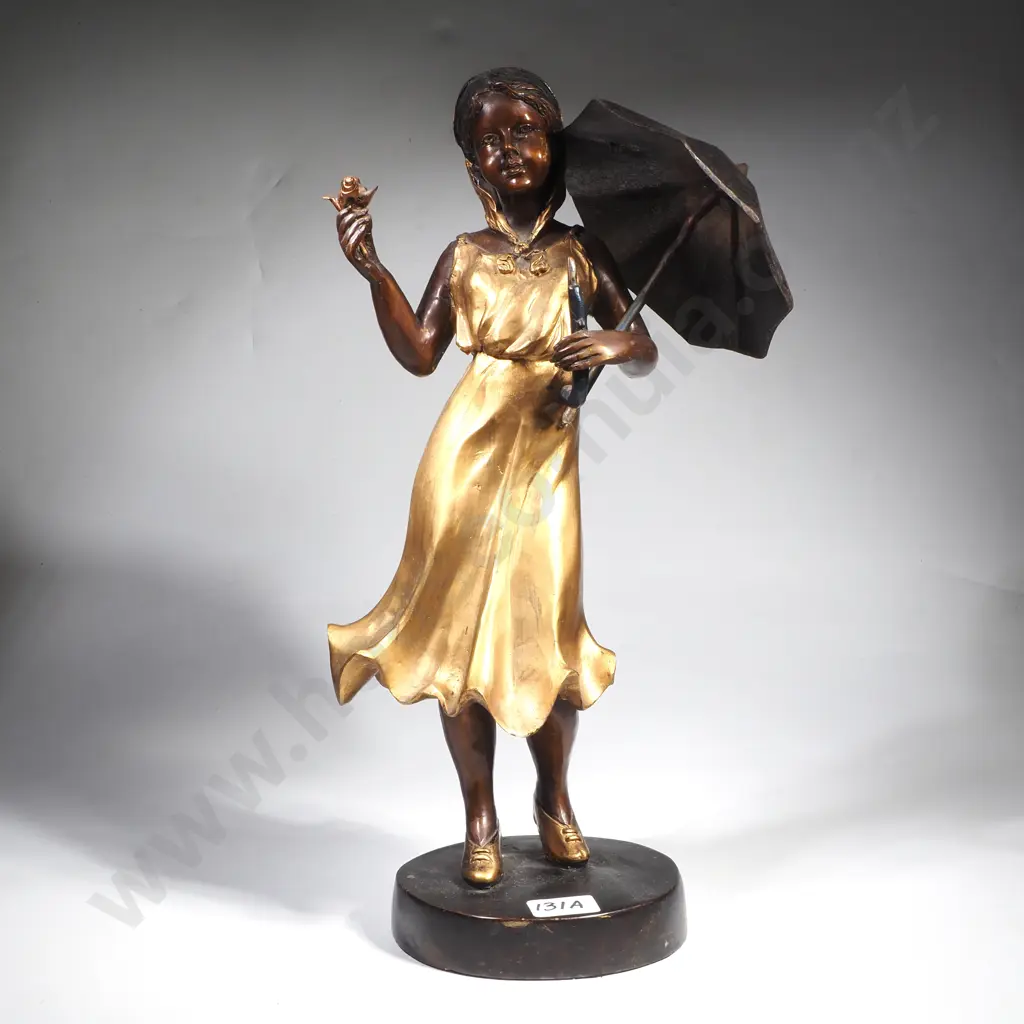 Vintage Cold Painted Bronze - Girl with Umbrella & Rose, a/f Image 1++