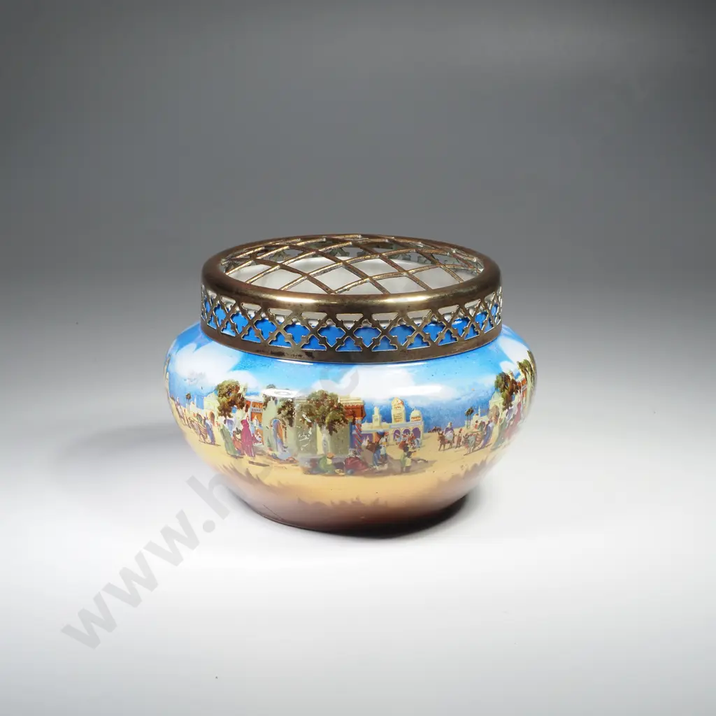 Vintage Ceramic Rose Bowl & Potpourri Jar w a Brass Frog Lid w a Landscape Scene Image 1++
