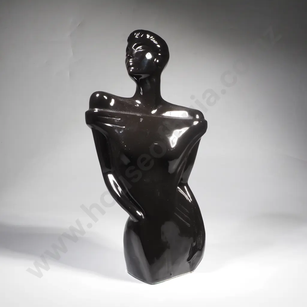 Vintage 1980s Modernist Black High Gloss Ceramic Female Bust Image 1++