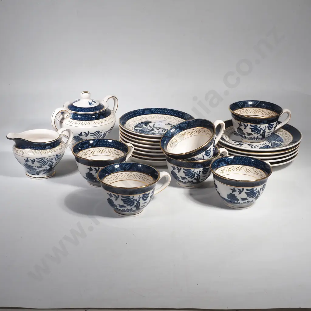 Nikko Blue & White Willow Pattern Tea Set Comprising Six Cups, Eight Saucers, Five Plates, Covered Sugar Bowl & Milk Jug Image 1++