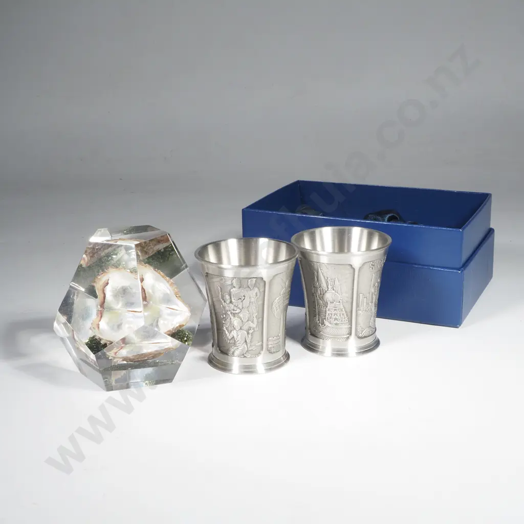 Pair of Boxed Pewter Shot Glasses w Embossed Landmarks of Singapore & an Acrylic Paperweight w Pearl inside a Shell Image 1++