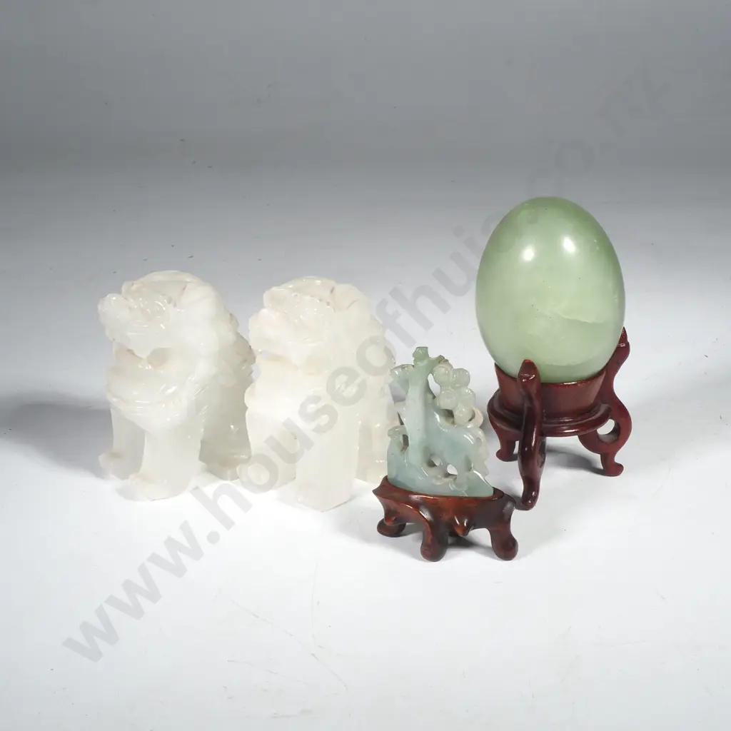 Pair of Small Jade Foo Dogs, Jade Egg on Stand & Small Carved Figure of a Horse on a Wooden Stand Image 1++